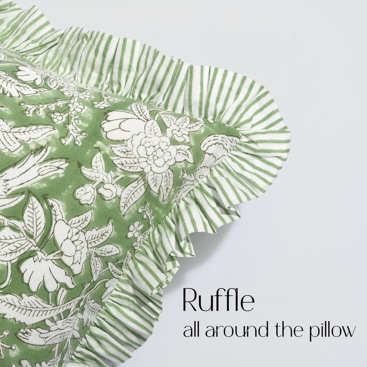 CPC COTTON PRINT CLU CPC Olive Green 100% Cotton Block Print Ruffle Sham Cover 12x20 inch  Handmade Boho Floral Pillowcase  Farmhouse Cottagecore Bedding  Soft Decorative Cushion Cover for Bedroom D?cor - Image 5